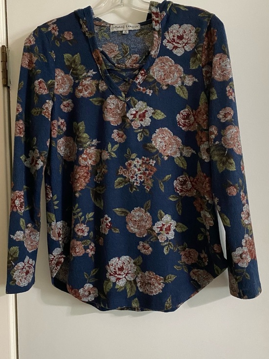 Absolutely Famous Tops - Absolutely Famous Navy Floral Lace-Up Long Sleeve Top